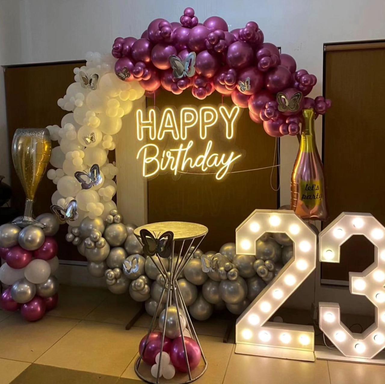 Luxury Purple And Silver Balloon Birthday Decor With Neon Sign And Marquee Numbers For 23rd Celebration - birthday decoration by ARV Decor