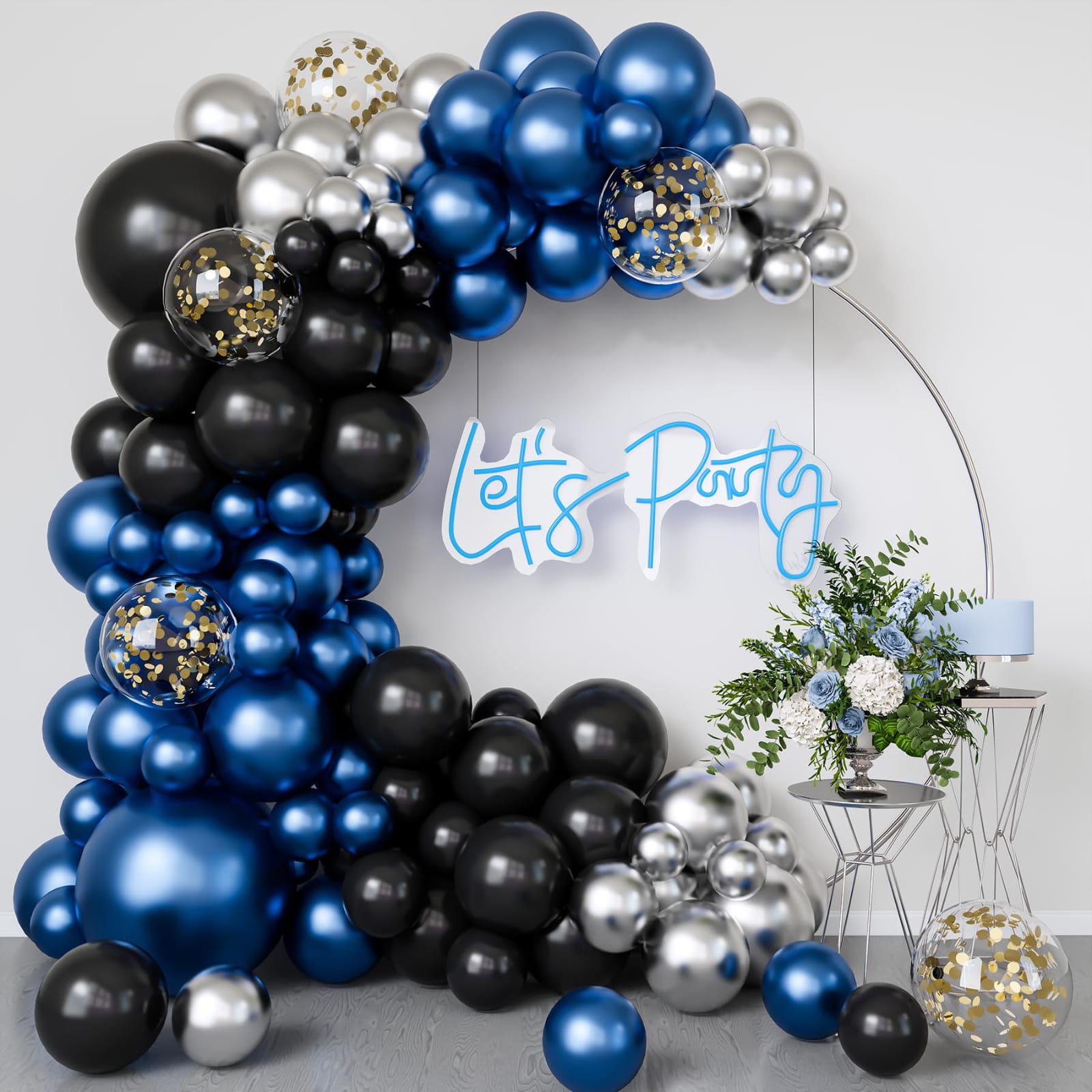Modern Blue and Silver Balloon Arch Party Backdrop with Neon Let's Party Sign - balloon and flower decoration by ARV Decor