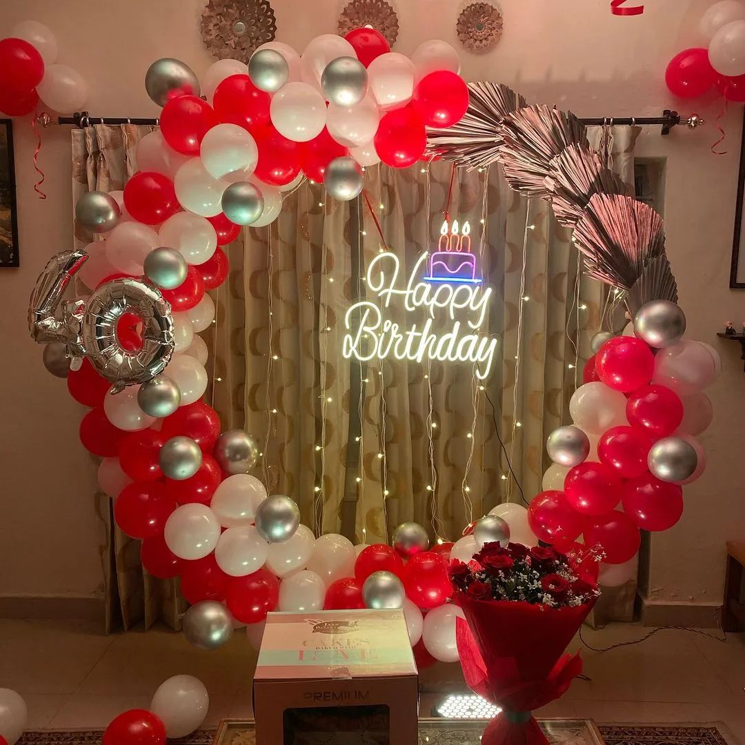 Red And Silver 40th Birthday Balloon Arch With Neon Happy Birthday Sign - birthday decoration by ARV Decor