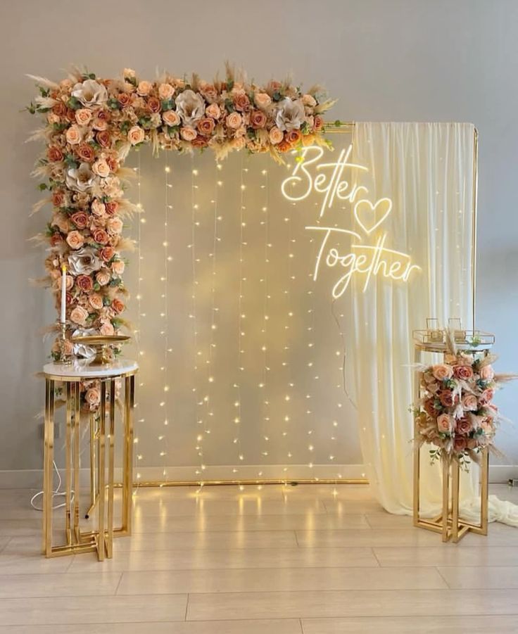 Luxury Engagement Decor In Peach And Gold With Floral Arch And Neon Sign - balloon and flower decoration by ARV Decor