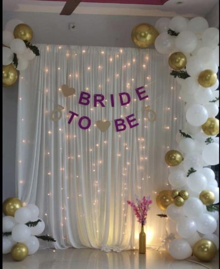 Bridal Shower White And Gold Balloon Decor With Fairy Lights Backdrop - balloon and flower decoration by ARV Decor