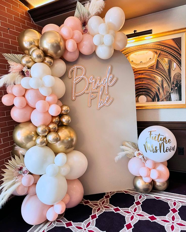 Blush Pink And Gold Bride To Be Bridal Shower Balloon Backdrop - balloon and flower decoration by ARV Decor