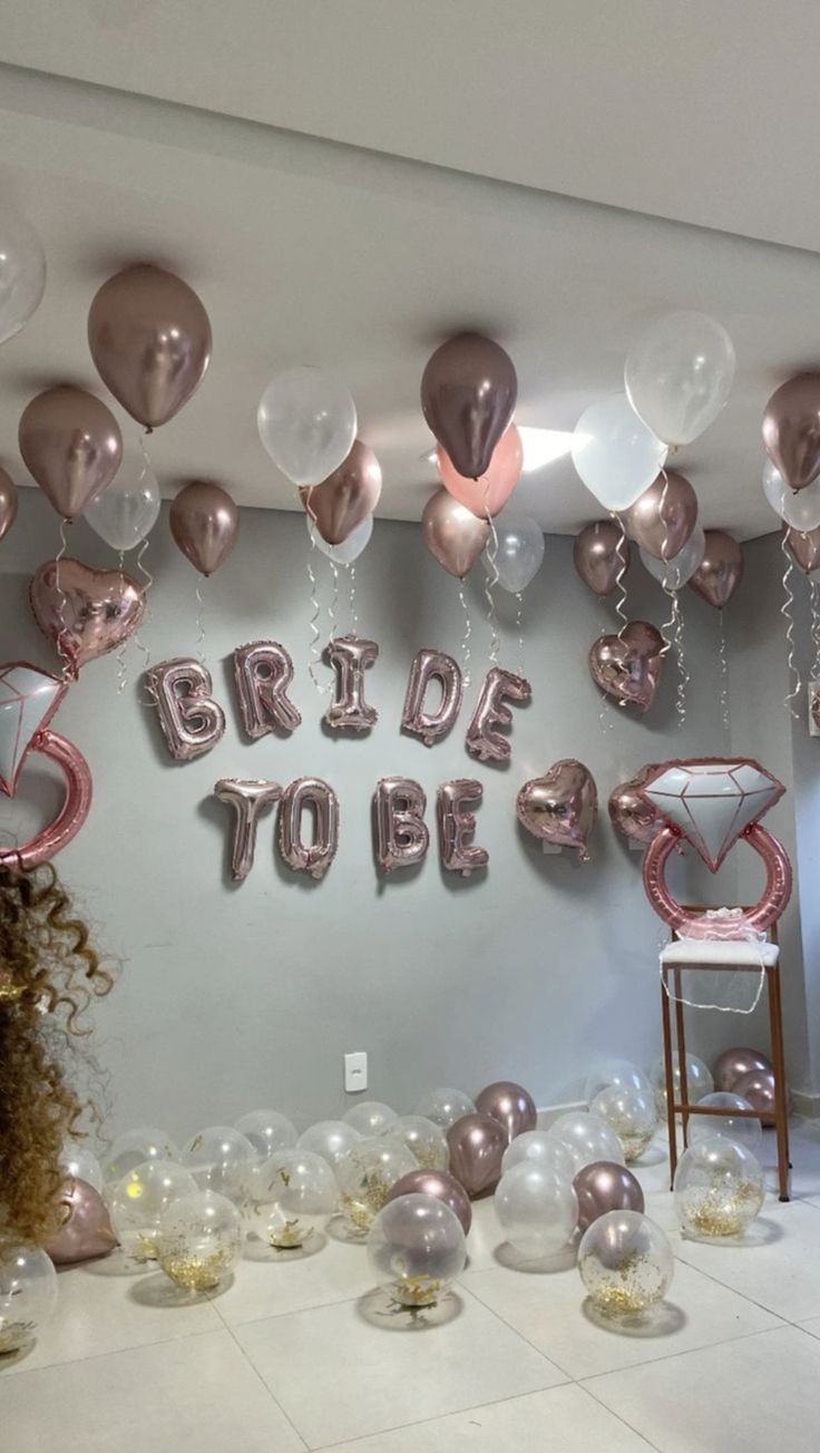 Rose Gold Bridal Shower Decor With Balloons And Bride To Be Lettering - balloon and flower decoration by ARV Decor