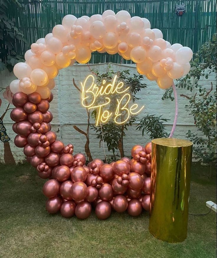 Modern Rose Gold Balloon Arch Bridal Shower Decor With Neon Bride To Be Sign - balloon and flower decoration by ARV Decor