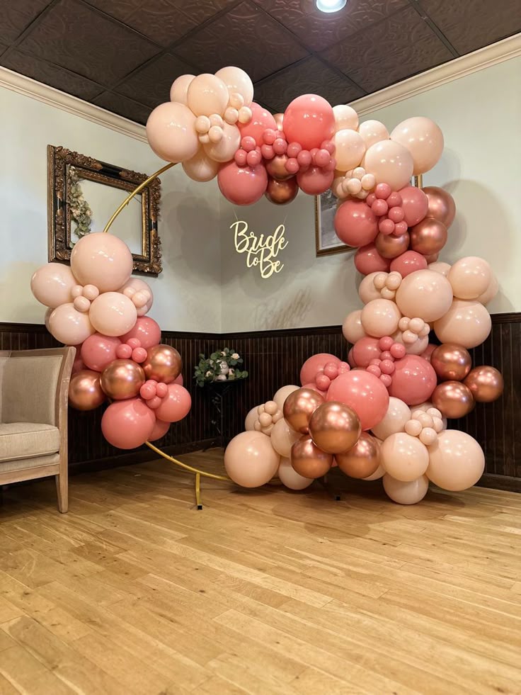 Bridal Shower Blush Pink And Rose Gold Balloon Arch With Bride To Be Neon Sign - balloon and flower decoration by ARV Decor