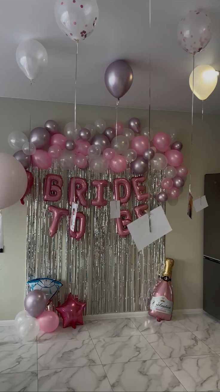 Pink And Silver Bridal Shower Decor With Balloon Arch And Bride To Be Backdrop - balloon and flower decoration by ARV Decor