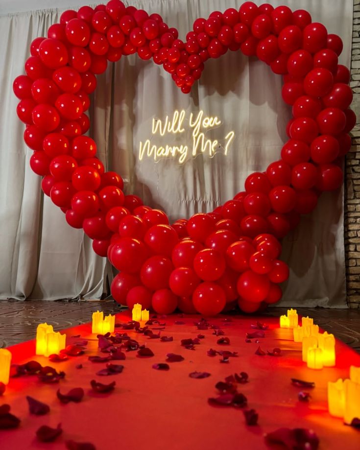 Romantic Red Balloon Heart Proposal Decor with Neon 'Will You Marry Me' Sign - anniversary room decoration by ARV Decor