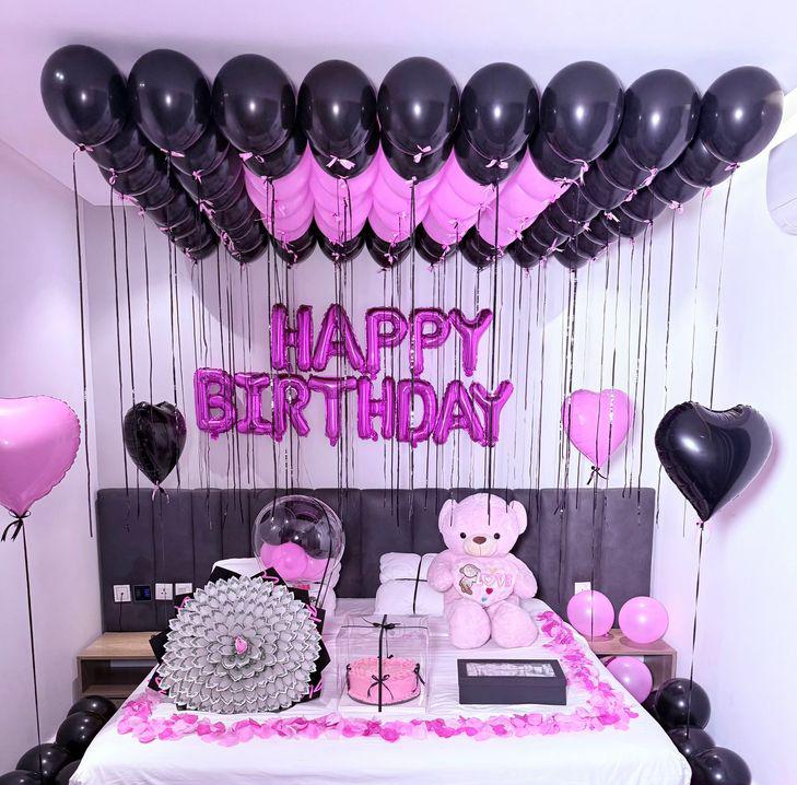 Modern Black And Pink Birthday Room Decor With Balloons And Foil Letters - birthday decoration by ARV Decor