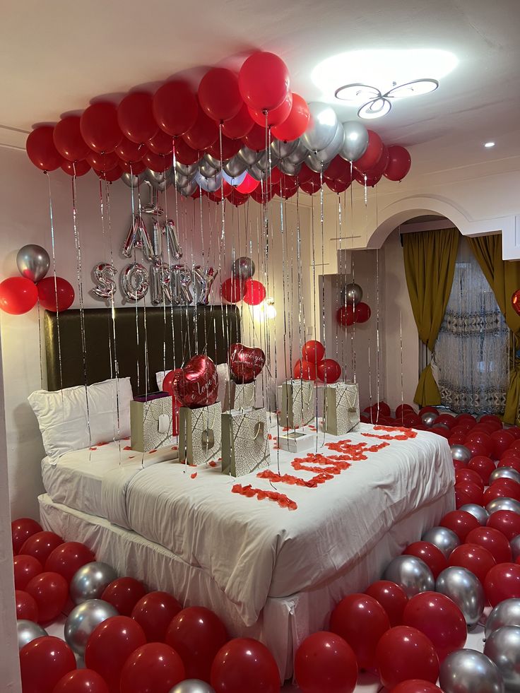 Romantic Sorry Room Surprise With Red Silver Balloons And Gift Bags - anniversary room decoration by ARV Decor