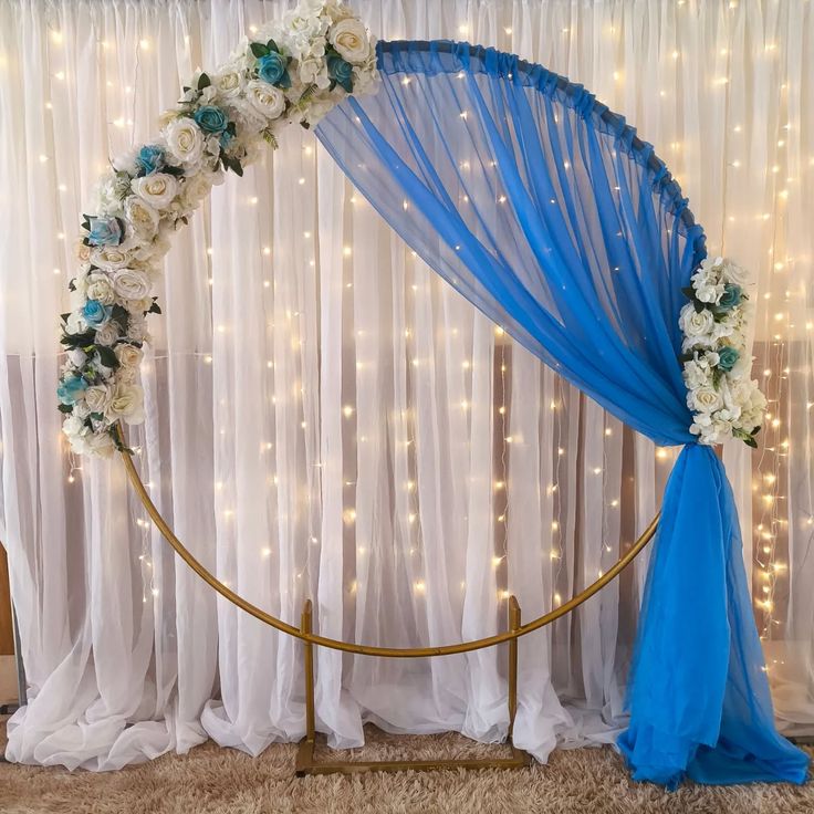 Modern Blue And White Engagement Backdrop With Floral Arch And Lights - balloon and flower decoration by ARV Decor