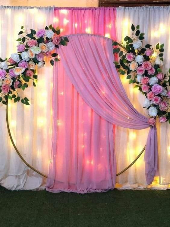 Elegant Pink And White Floral Wedding Stage With Circular Backdrop And Fairy Lights - wedding decoration by ARV Decor