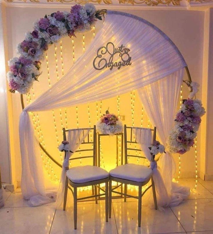 Romantic White And Gold Engagement Decor With Floral Circular Backdrop - anniversary room decoration by ARV Decor