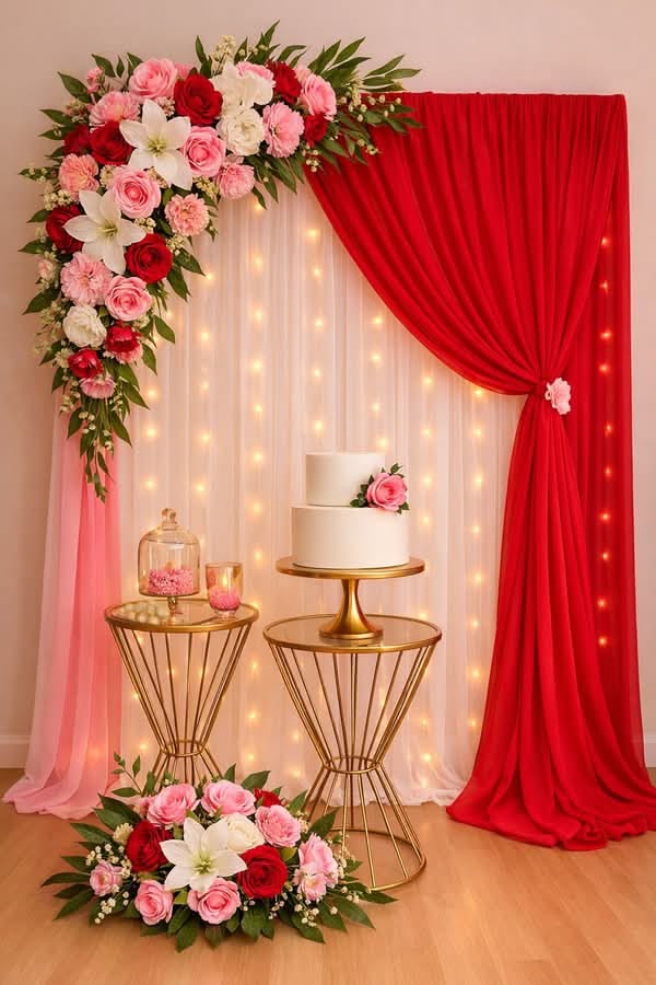 Romantic Red And Pink Floral Wedding Stage With Gold Pedestals - anniversary room decoration by ARV Decor