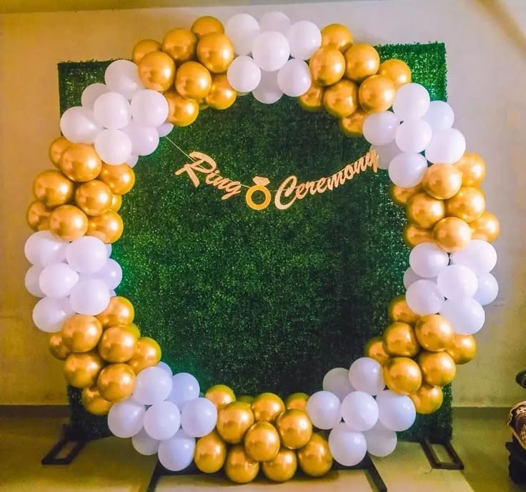 Modern Gold And White Balloon Ring Arch Engagement Decor Setup - balloon and flower decoration by ARV Decor