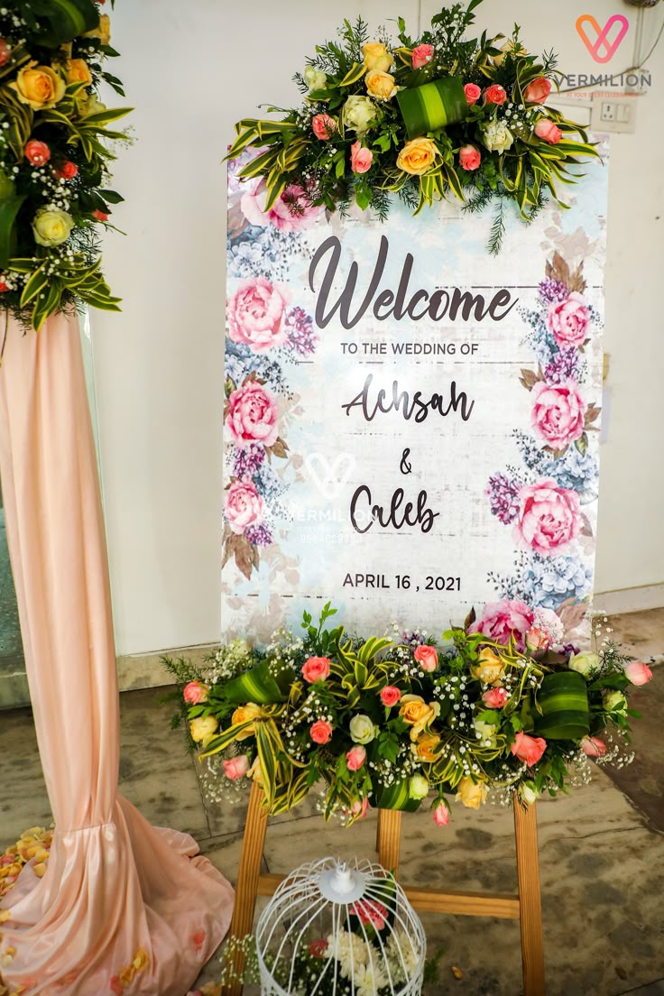 Floral Wedding Welcome Board In Pink Green With Fresh Flowers - wedding decoration by ARV Decor
