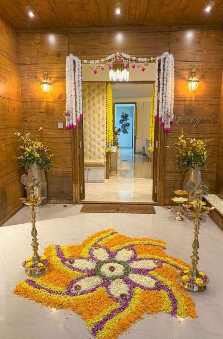 Traditional Flower Rangoli And Garlands Festive Home Entrance Decor - balloon and flower decoration by ARV Decor