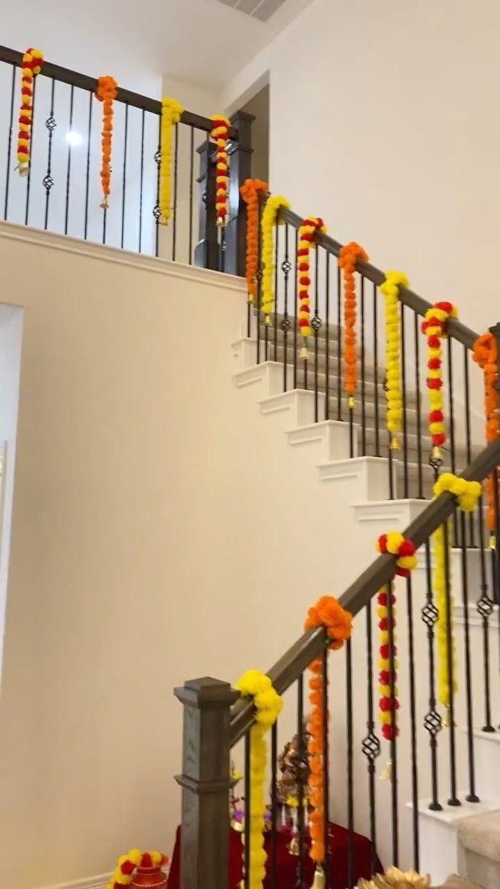 Traditional Yellow And Orange Floral Garland Decoration For Home Festival Staircase - balloon and flower decoration by ARV Decor