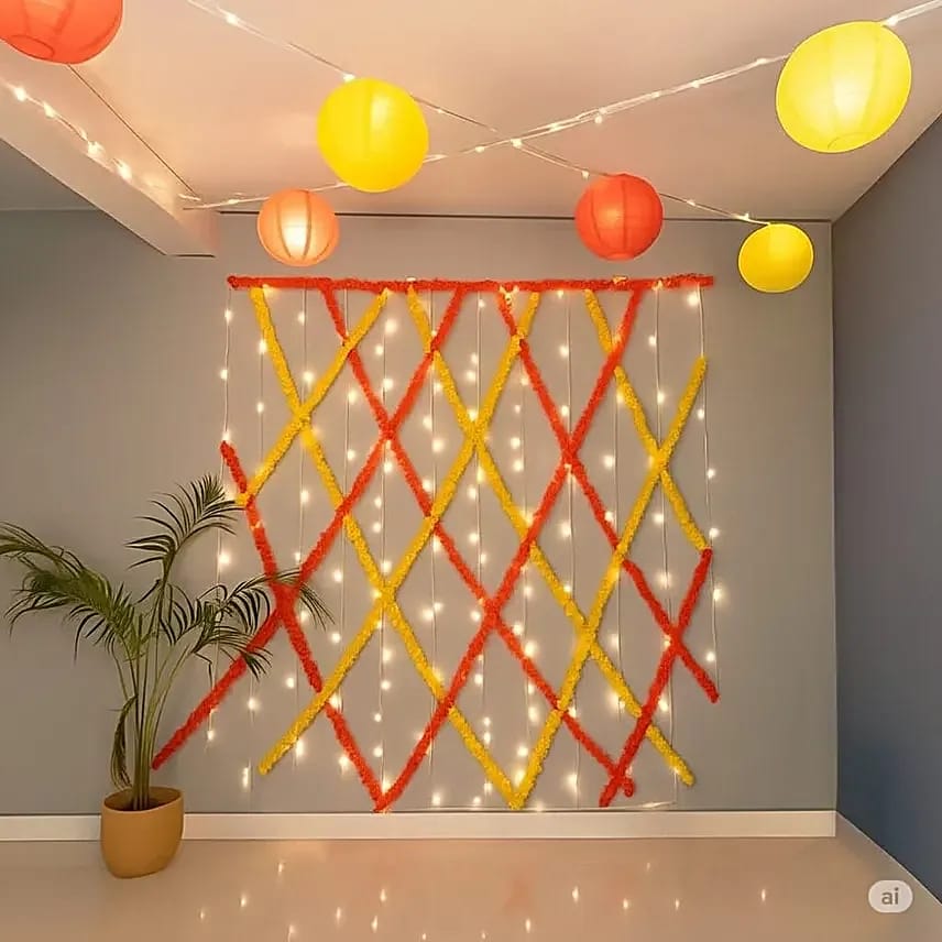 Yellow And Orange Festive Minimal Party Backdrop With String Lights - balloon and flower decoration by ARV Decor