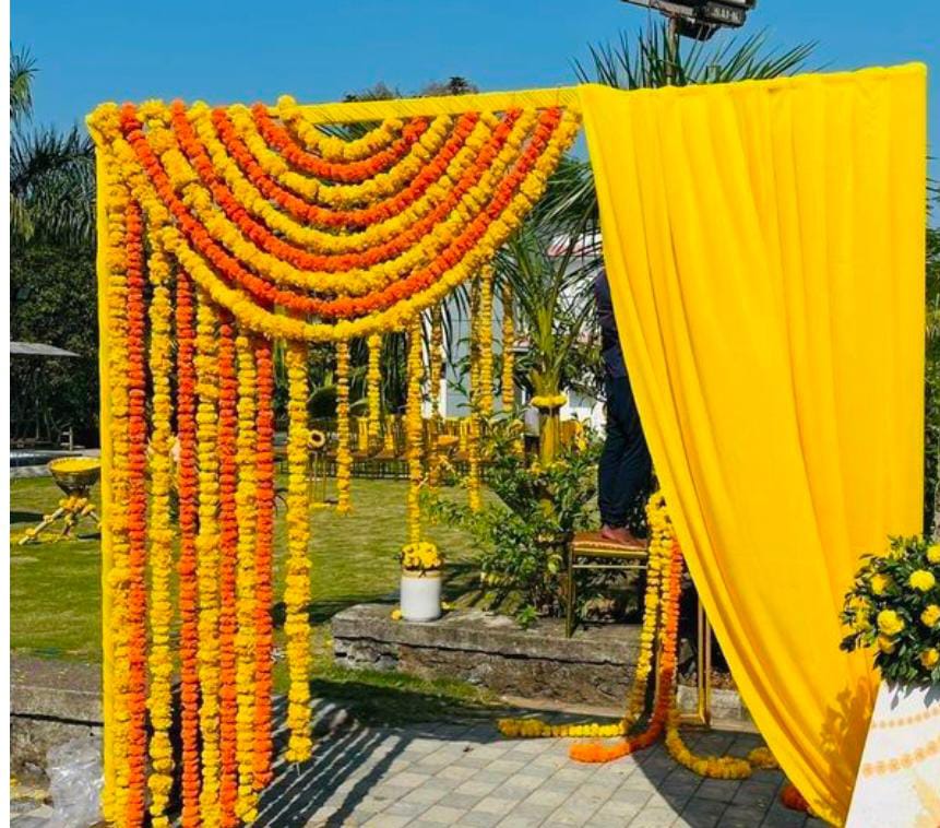 Traditional Yellow And Orange Floral Garland Wedding Entrance Decor - wedding decoration by ARV Decor