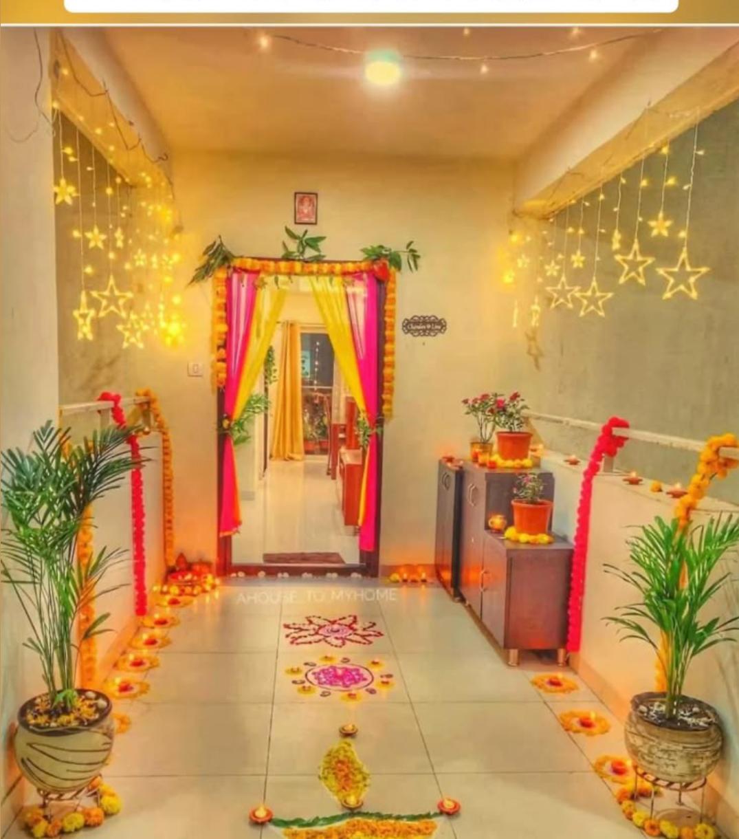 Traditional Yellow And Pink Festival Home Entrance Decor With Flower Garlands And Lights - balloon and flower decoration by ARV Decor