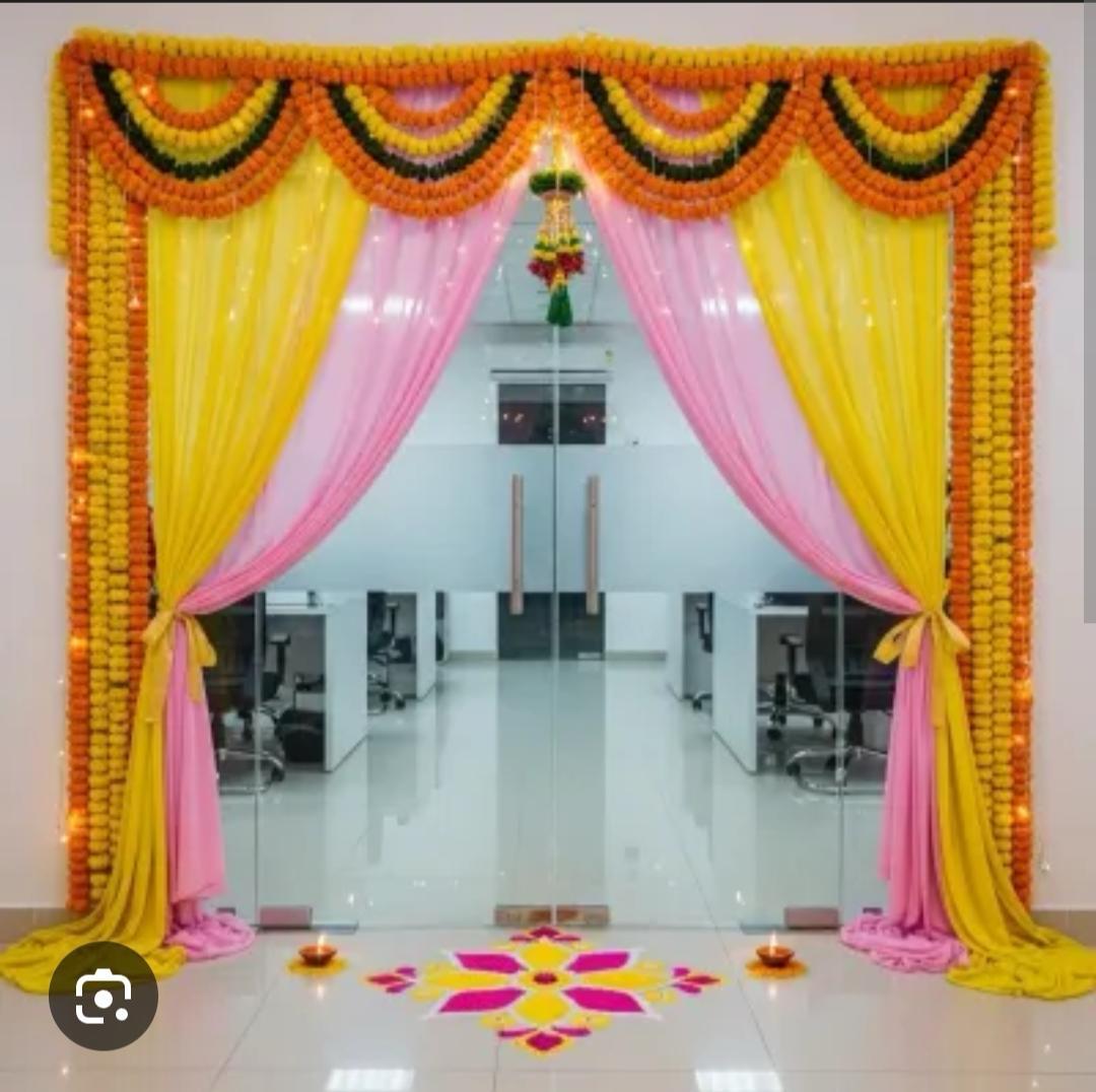 Traditional Yellow And Pink Festive Entrance Decor With Marigold Garlands For Office - office / corporate decoration by ARV Decor