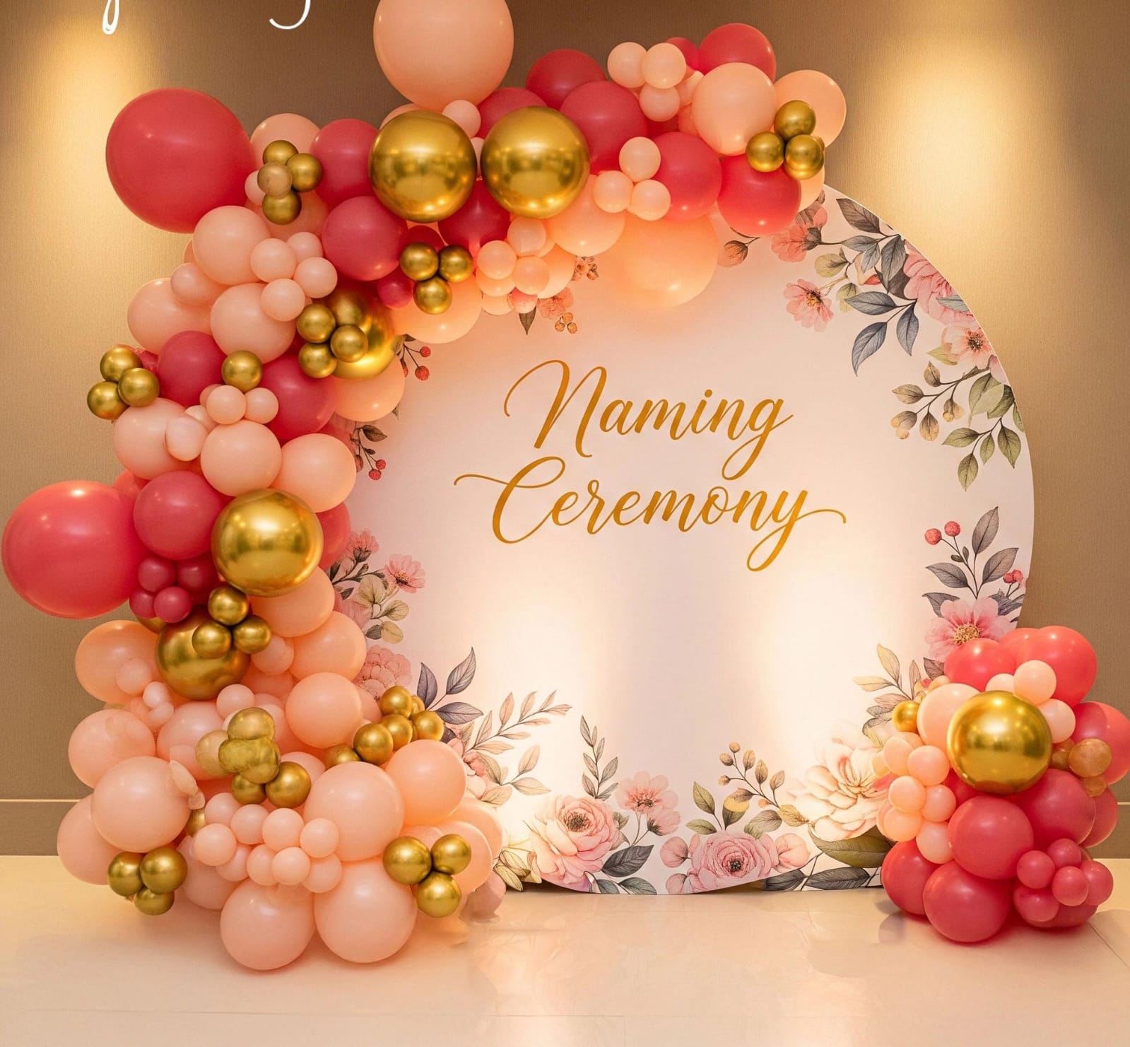 Floral Pink And Gold Naming Ceremony Decor With Balloon Arch - balloon and flower decoration by ARV Decor