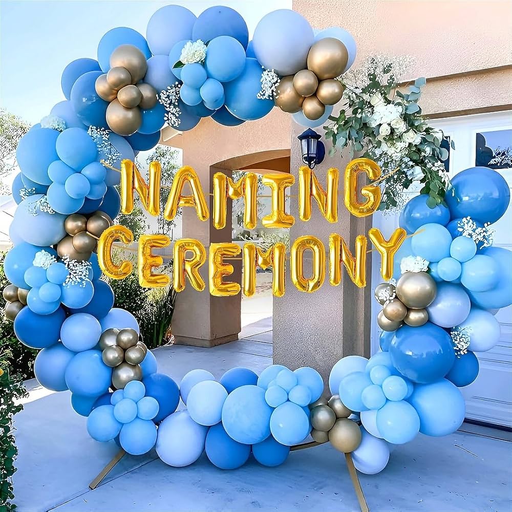 Blue And Gold Naming Ceremony Balloon Arch Decor With Floral Accents - balloon and flower decoration by ARV Decor