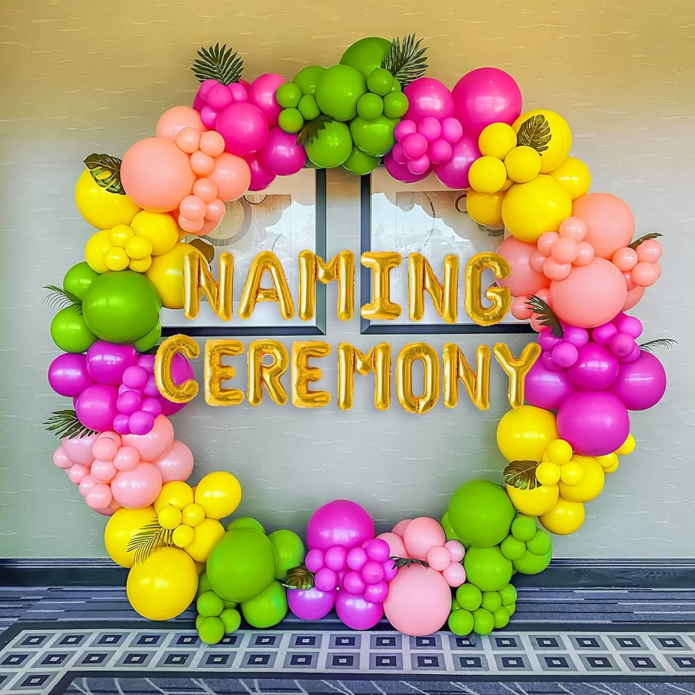 Vibrant Naming Ceremony Balloon Arch with Pink, Yellow, and Green Modern Decor - balloon and flower decoration by ARV Decor