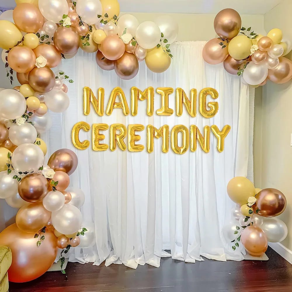 Modern Gold And White Balloon Arch Naming Ceremony Backdrop Decor - balloon and flower decoration by ARV Decor