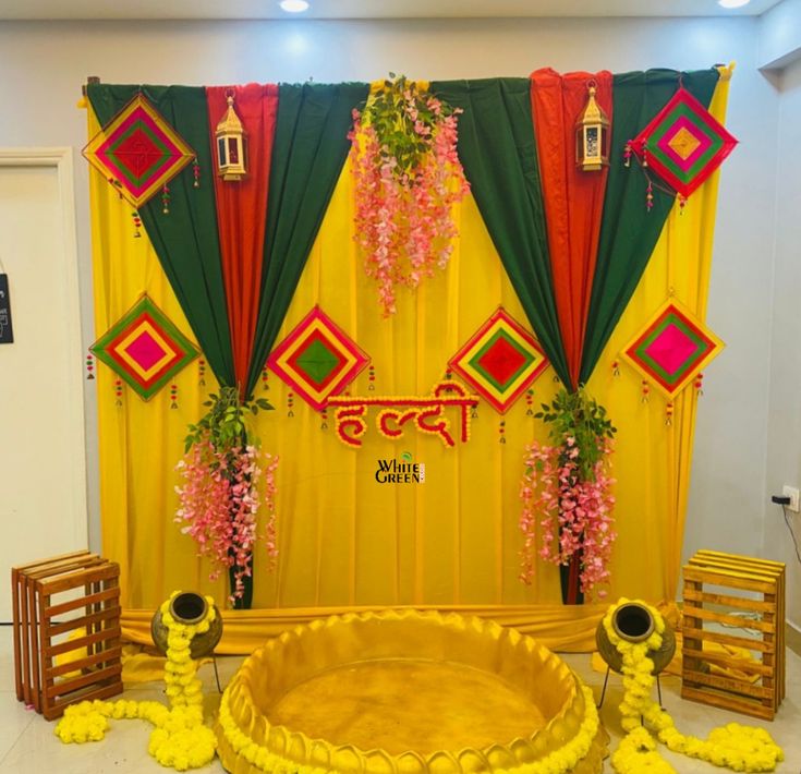 Traditional Haldi Ceremony Decoration With Yellow Green Backdrop And Floral Elements - wedding decoration by ARV Decor thumbnail 2