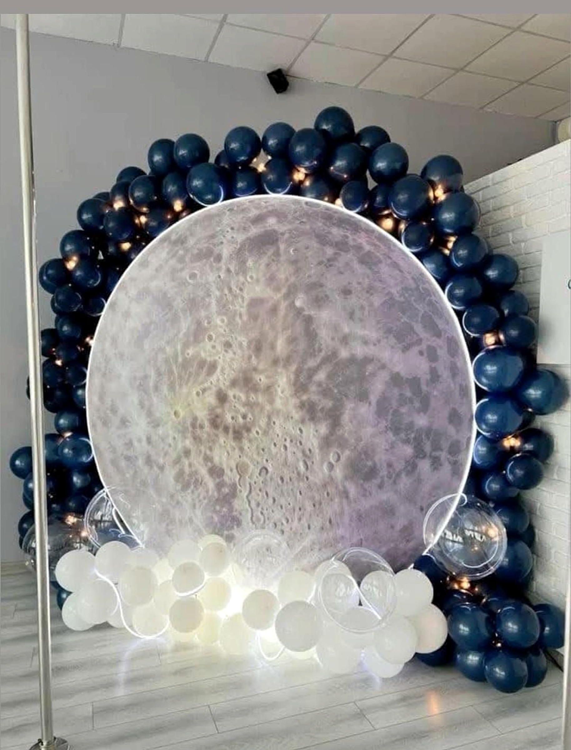 Modern Moon And Stars Birthday Backdrop With Navy Blue And White Balloon Arch - Kids Birthday Decoration by ARV Decor thumbnail 2