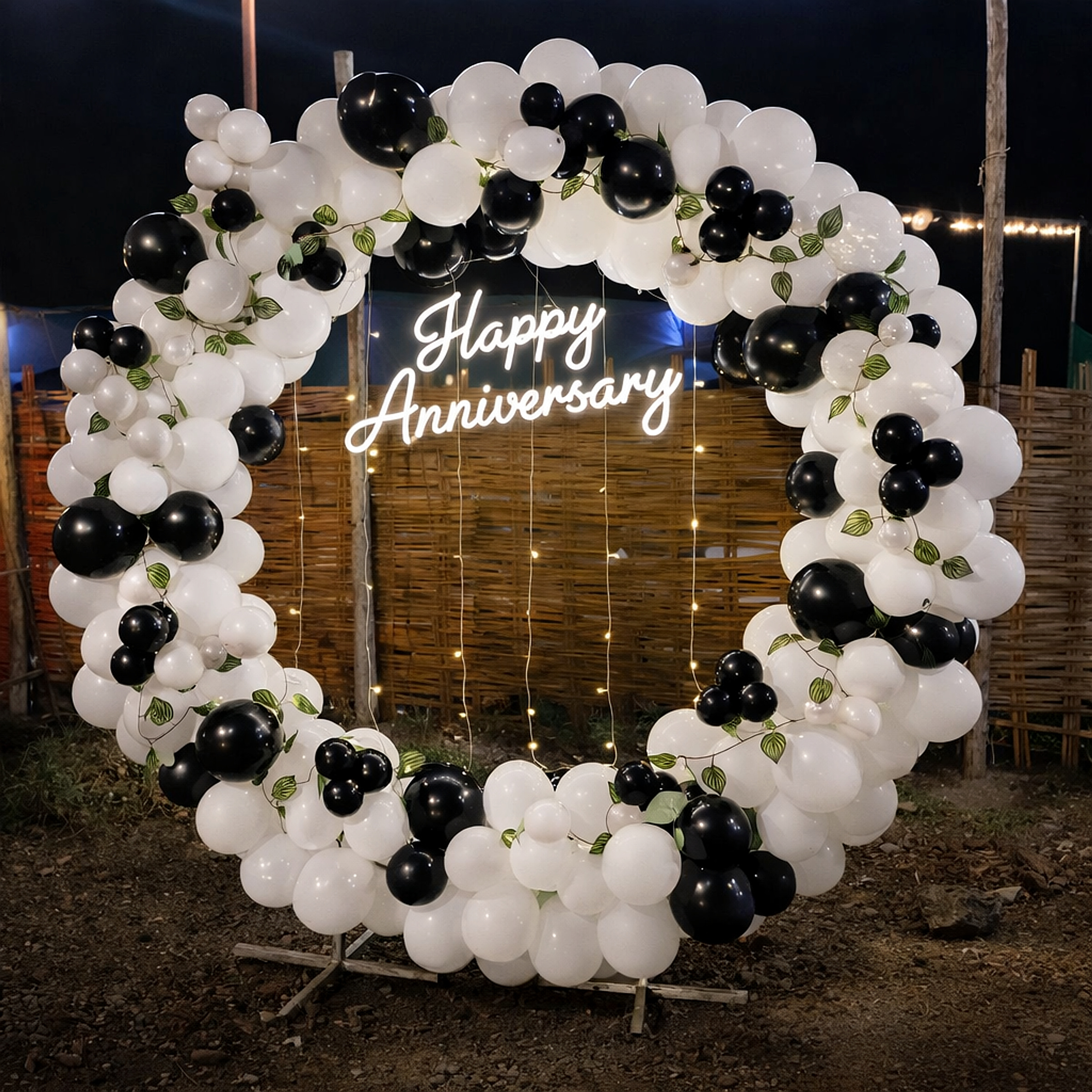 Modern Black And White Balloon Arch Anniversary Backdrop With Neon Sign - Anniversary Decoration by ARV Decor thumbnail 2