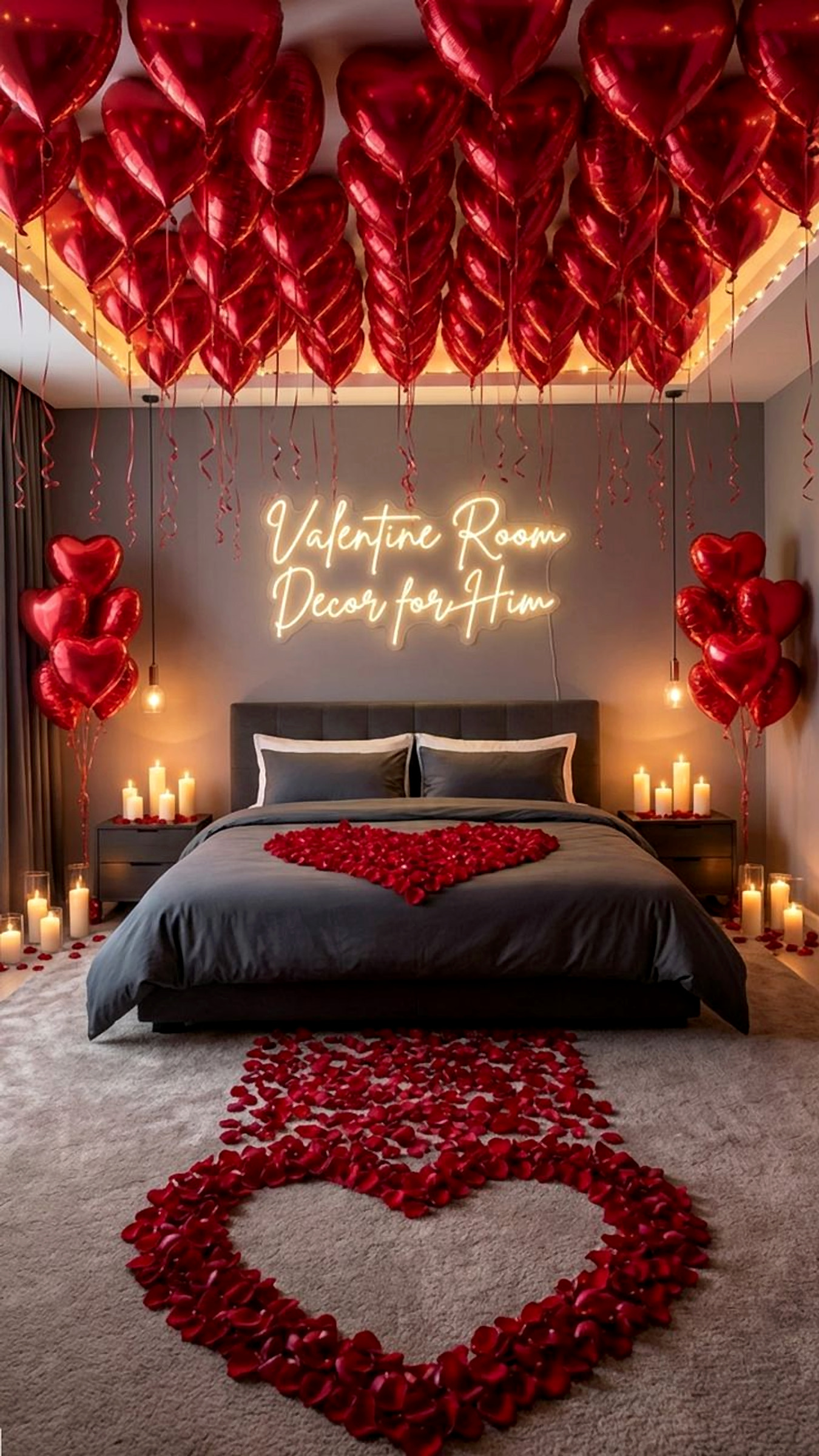 Romantic Valentine Room Decor With Red Balloons And Rose Petals For Him - romantic bedroom decor by ARV Decor thumbnail 2