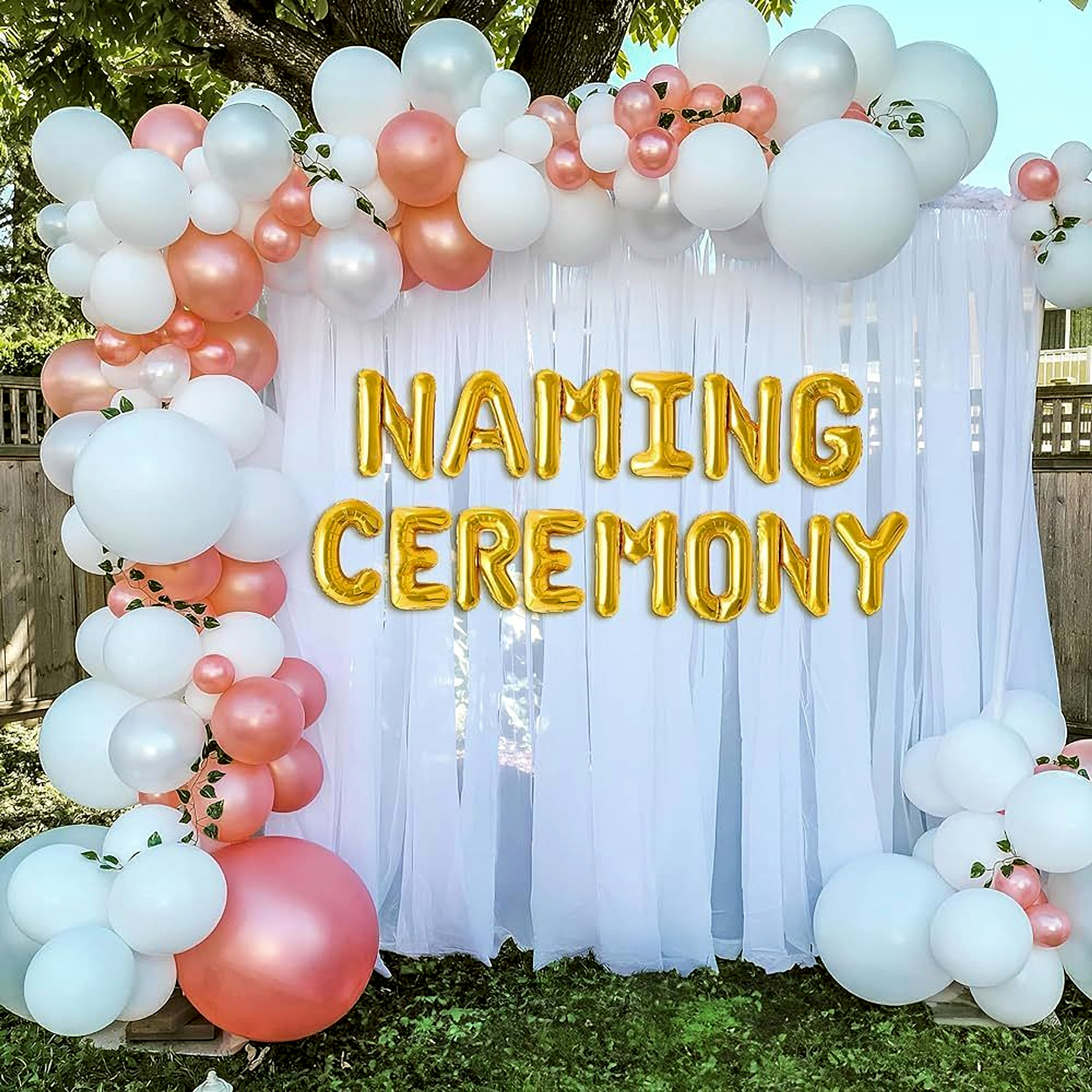 Modern Naming Ceremony Decor With Peach White Balloon Arch And Gold Balloons - Baby world by ARV Decor thumbnail 2