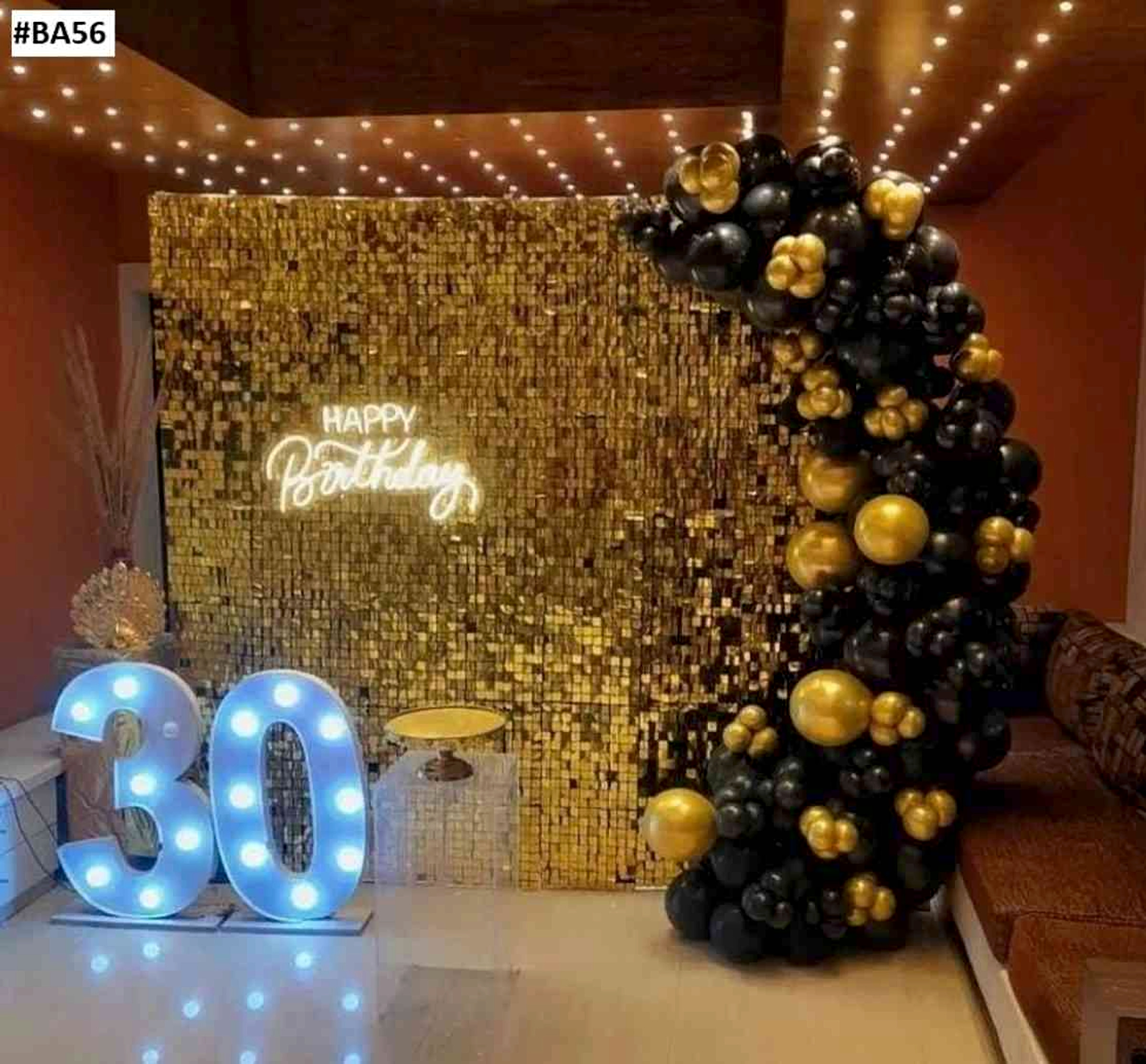 Luxury Black And Gold 30th Birthday Backdrop With Balloon Arch And Led Numbers - adult birthday by ARV Decor thumbnail 2